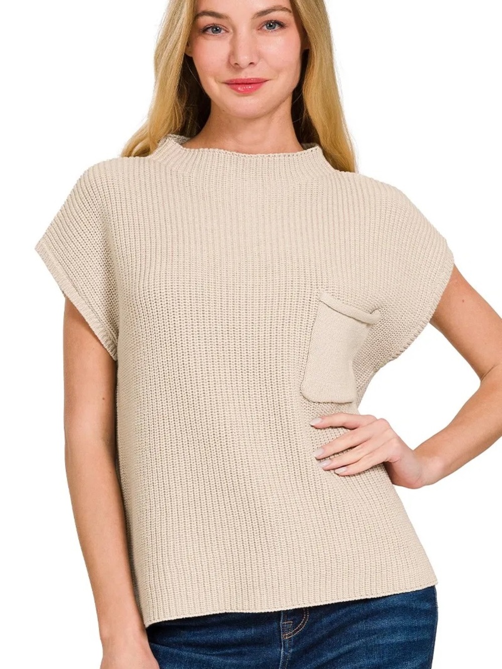 Zenana 100% cotton mock neck short sleeve knit sweater top w/ chest pocket